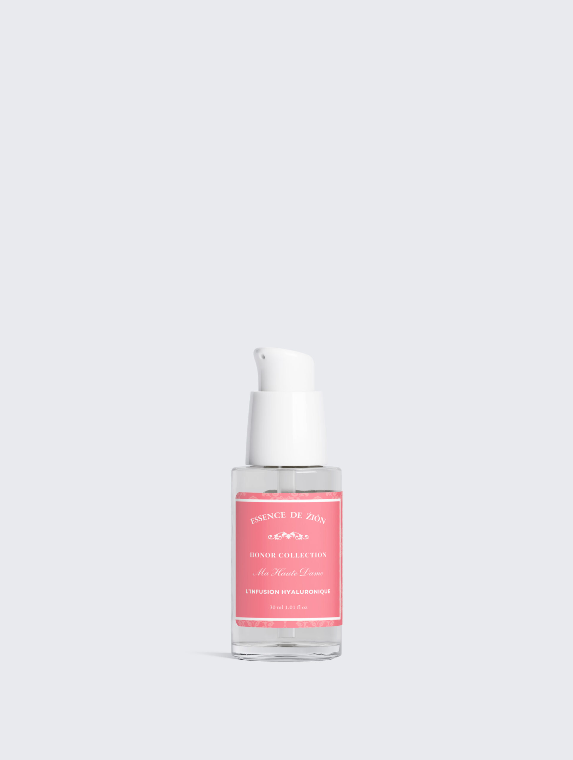 L’Infusion Hyaluronique The Hyaluronic Infusion by ESSENCE DE ŹI̯ÔN in a clear luxury pump bottle with a white cap.