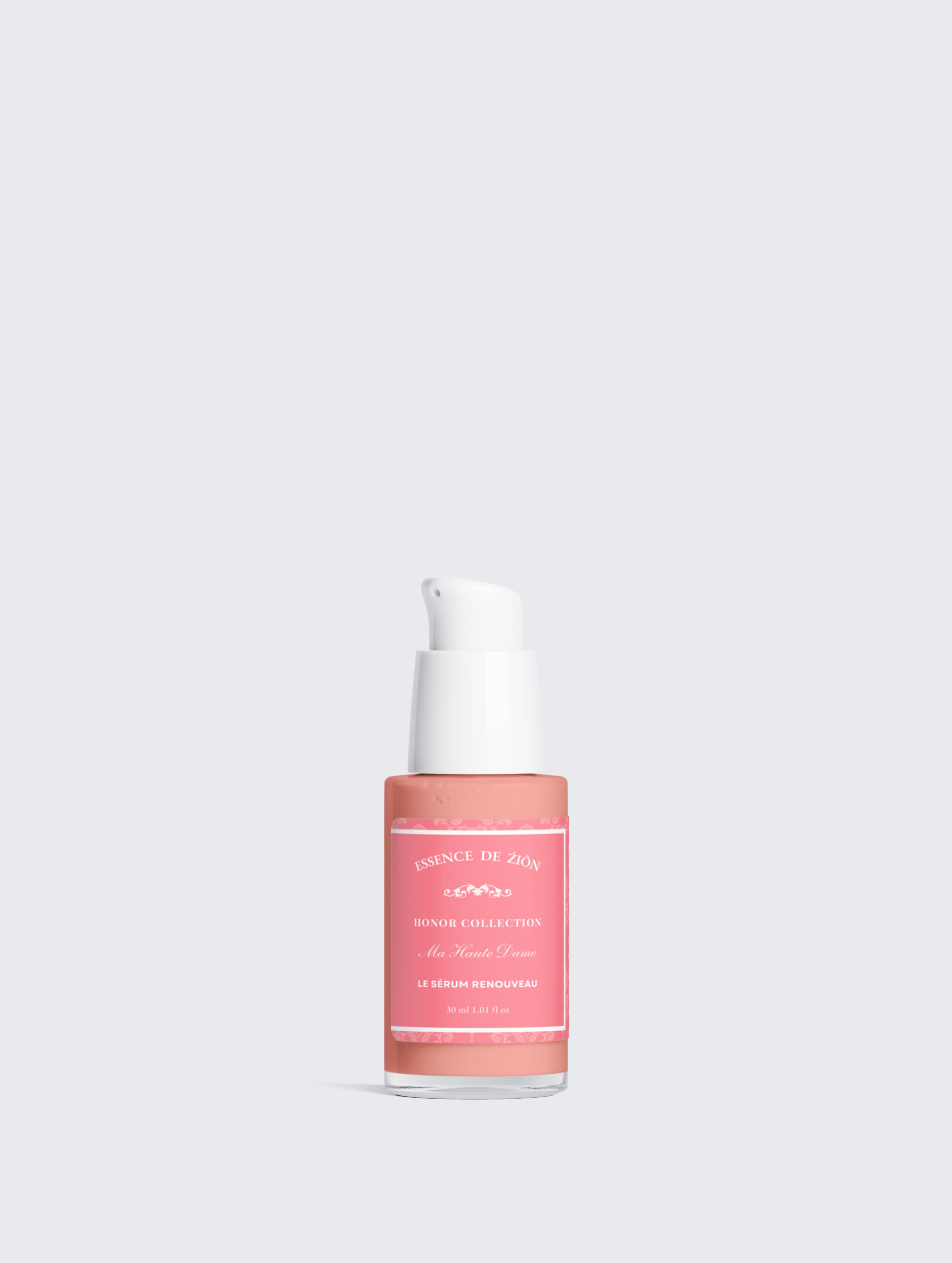 Le Sérum Renouveau The Renewal Serum by ESSENCE DE ŹI̯ÔN in a clear luxury pump bottle with a white cap.
